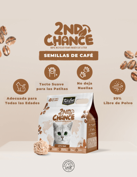 Kit Cat Second Chance - Arena de Semillas de Café , Guisante y Yuca 2,5 KG
