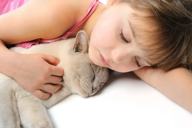 Una niña pequeña descansando junto a sus gatito, reflejando perfectamente cómo preparar tu casa para la llegada de un nuevo gatito