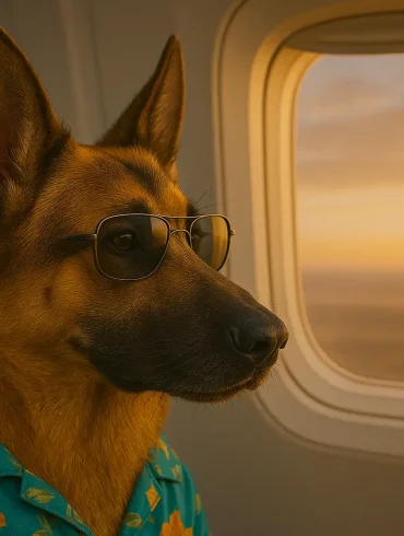 Perro pastor alemán con gafas de sol y camisa hawaiana mirando por la ventanilla durante un vuelo al atardecer, representando una escena divertida y relajada de viajar con mascotas en avión.