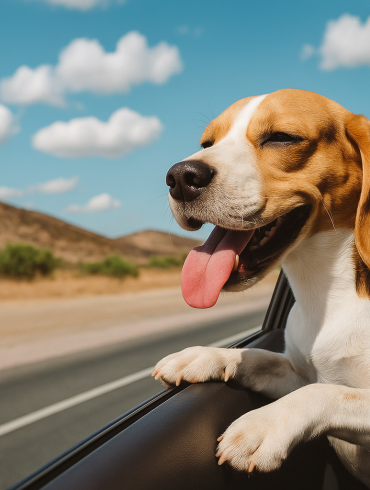 Perro feliz sacando la cabeza por la ventana de un coche en movimiento durante un viaje, disfrutando del aire y el paisaje, imagen ideal para ilustrar un artículo sobre cómo viajar con coche en mascotas