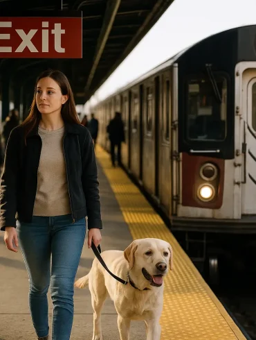 Mujer esperando al tren en el andén con su perro. Imagen que representa como es viajar en tren con masscotas.